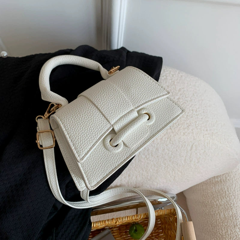 White Pebbled Faux Leather Mini Top‑Handle Bag Vintage Buckle Flap Crossbody Purse