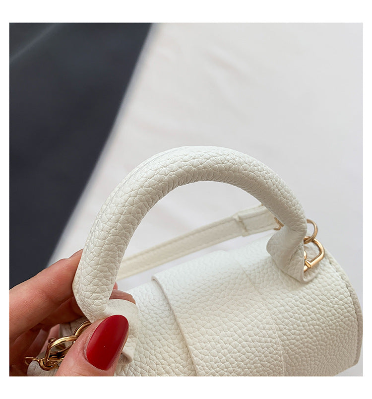 White Pebbled Faux Leather Mini Top‑Handle Bag Vintage Buckle Flap Crossbody Purse