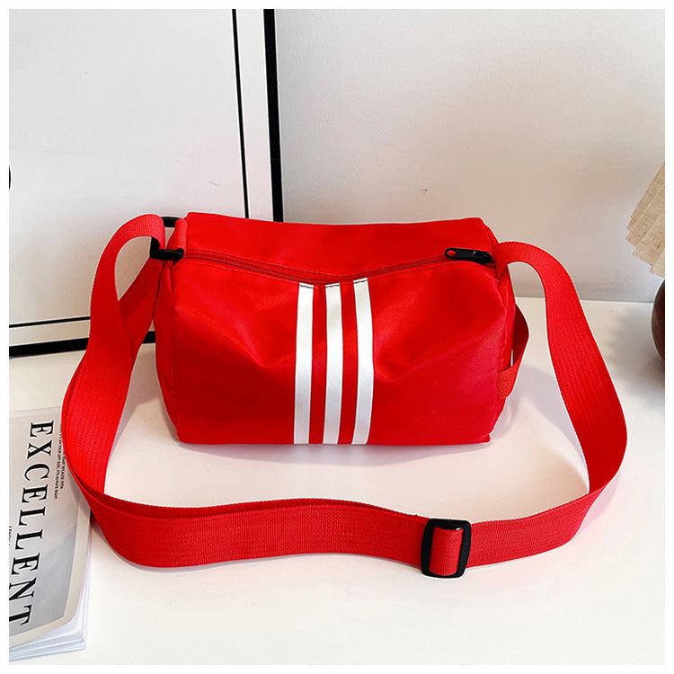 Red Nylon Striped Crossbody Bag Lightweight Sporty Adjustable Strap Shoulder Purse