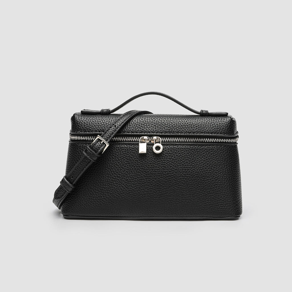 Black Pebbled Faux Leather Mini Box Handbag Zipper Top‑Handle Crossbody Purse