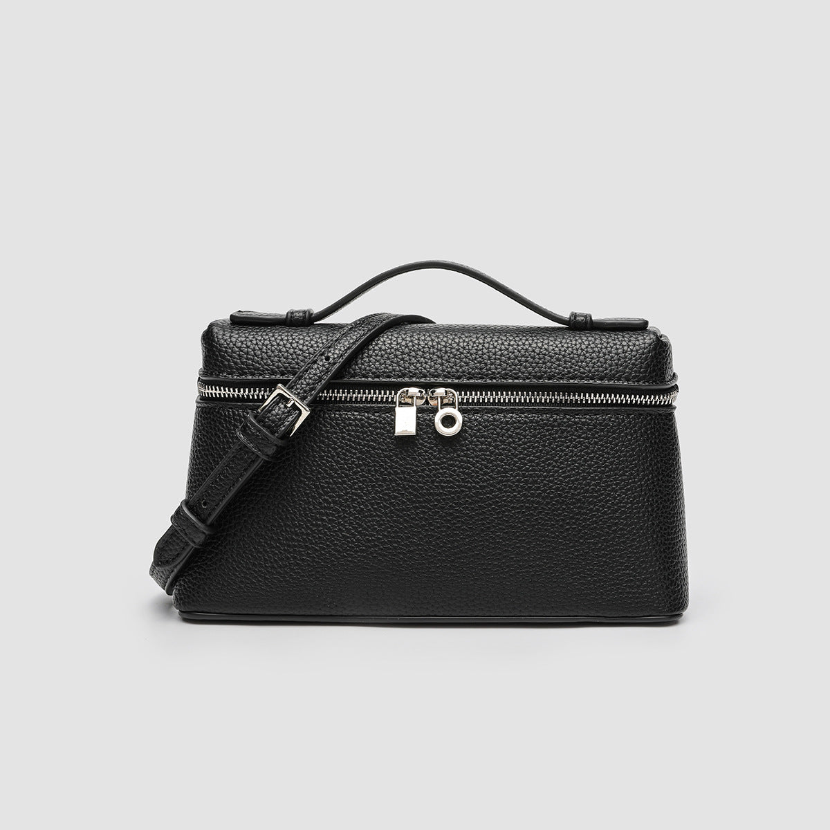 Black Pebbled Faux Leather Mini Box Handbag Zipper Top‑Handle Crossbody Purse