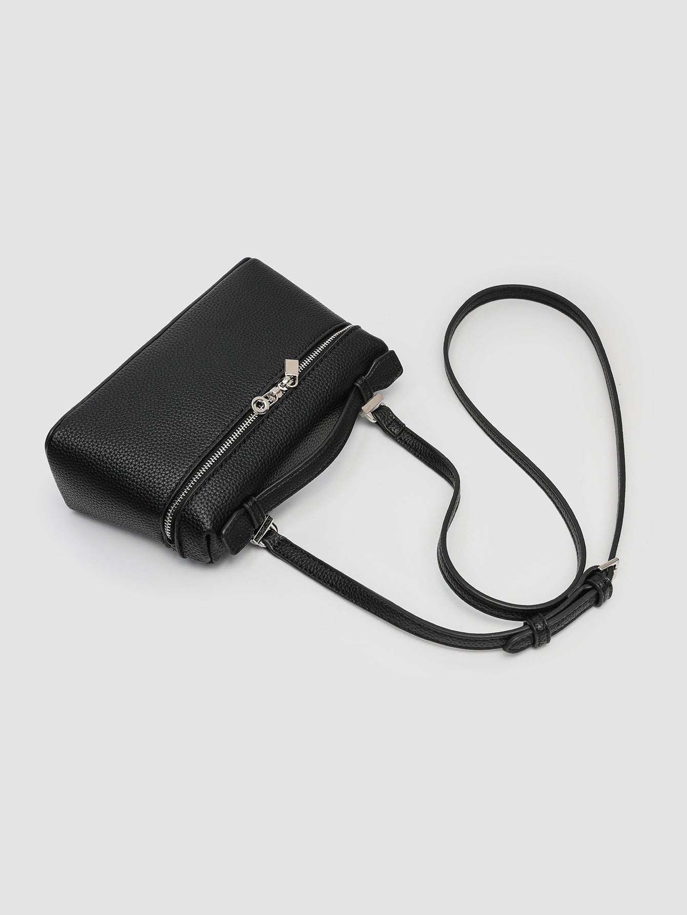 Black Pebbled Faux Leather Mini Box Handbag Zipper Top‑Handle Crossbody Purse