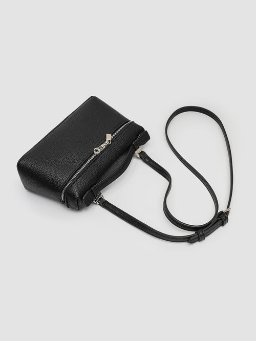 Black Pebbled Faux Leather Mini Box Handbag Zipper Top‑Handle Crossbody Purse