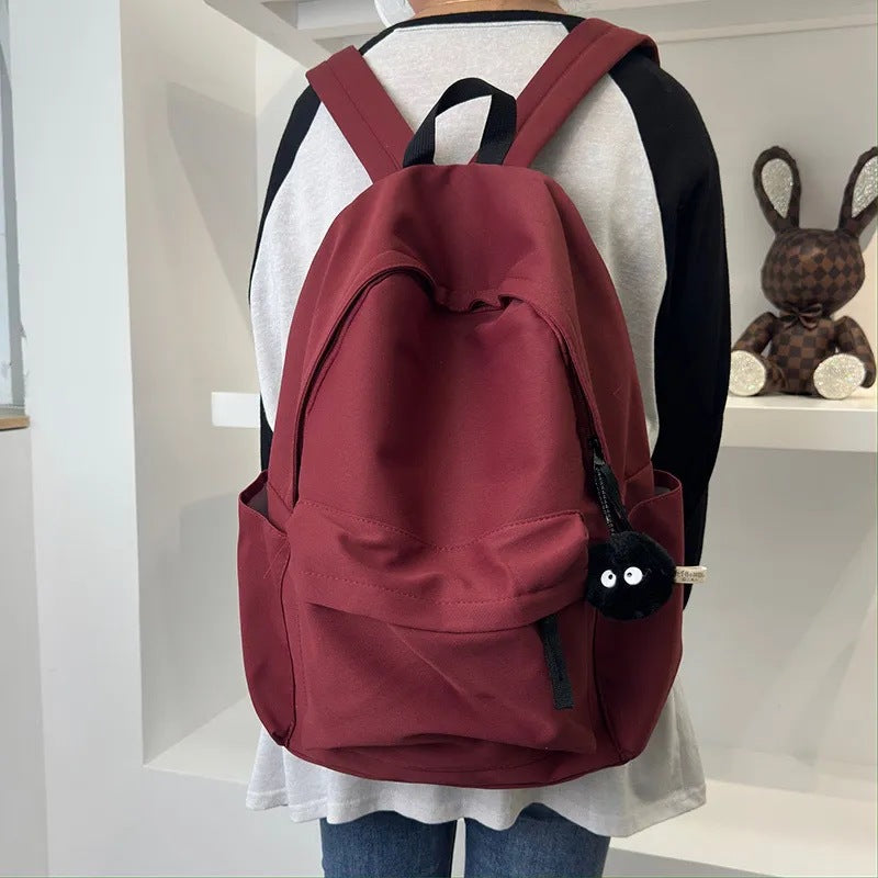 Burgundy Casual Backpack Lightweight School Travel Daypack with Cute Plush Charm