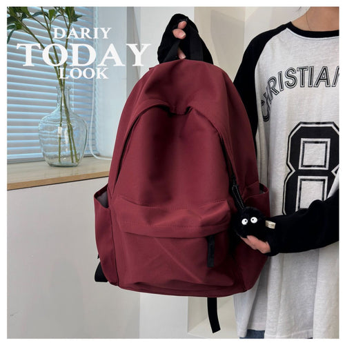 Burgundy Casual Backpack Lightweight School Travel Daypack with Cute Plush Charm