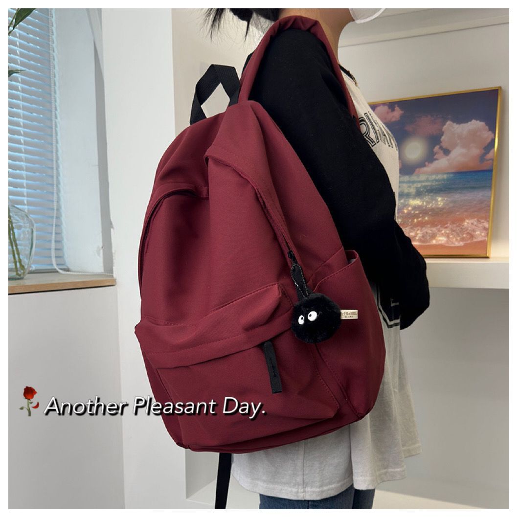 Burgundy Casual Backpack Lightweight School Travel Daypack with Cute Plush Charm